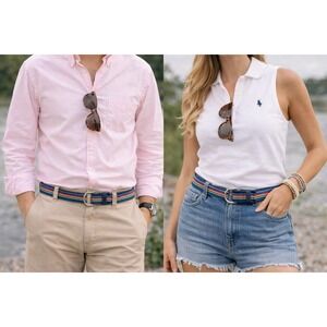 Vintage Navy Rainbow Grossgrain Ribbon Belt Preppy Coastal Nautical Adjustable